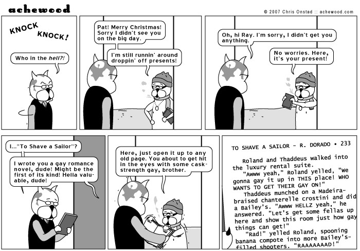 Pat's male pattern baldness resembles a pinned-on yarmulke. comic