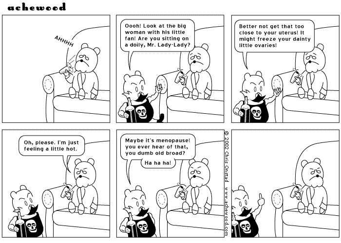 Lyle travels through the living room, agitated by drink. comic