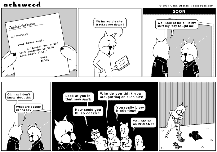 The cat buries his new shirt in the back yard. comic