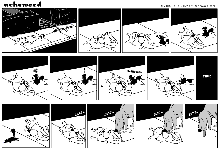 An asleep hound dog on the sidewalk dragged his tongue on Pat's bonch, Todd's emesis-style 99¢ Chicken Sandwich, and Pat's mouth/forehead. comic