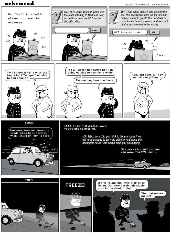 For the record, Keith listens to Driving In My Car when rinsing off his head and applying Tesceaux aftershave comic