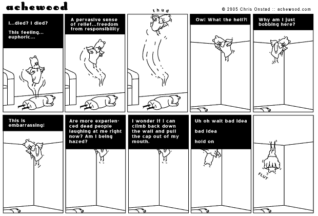 This is the reason it is hard for dead people to simply fly back down to earth: in Heaven you go Commando. comic