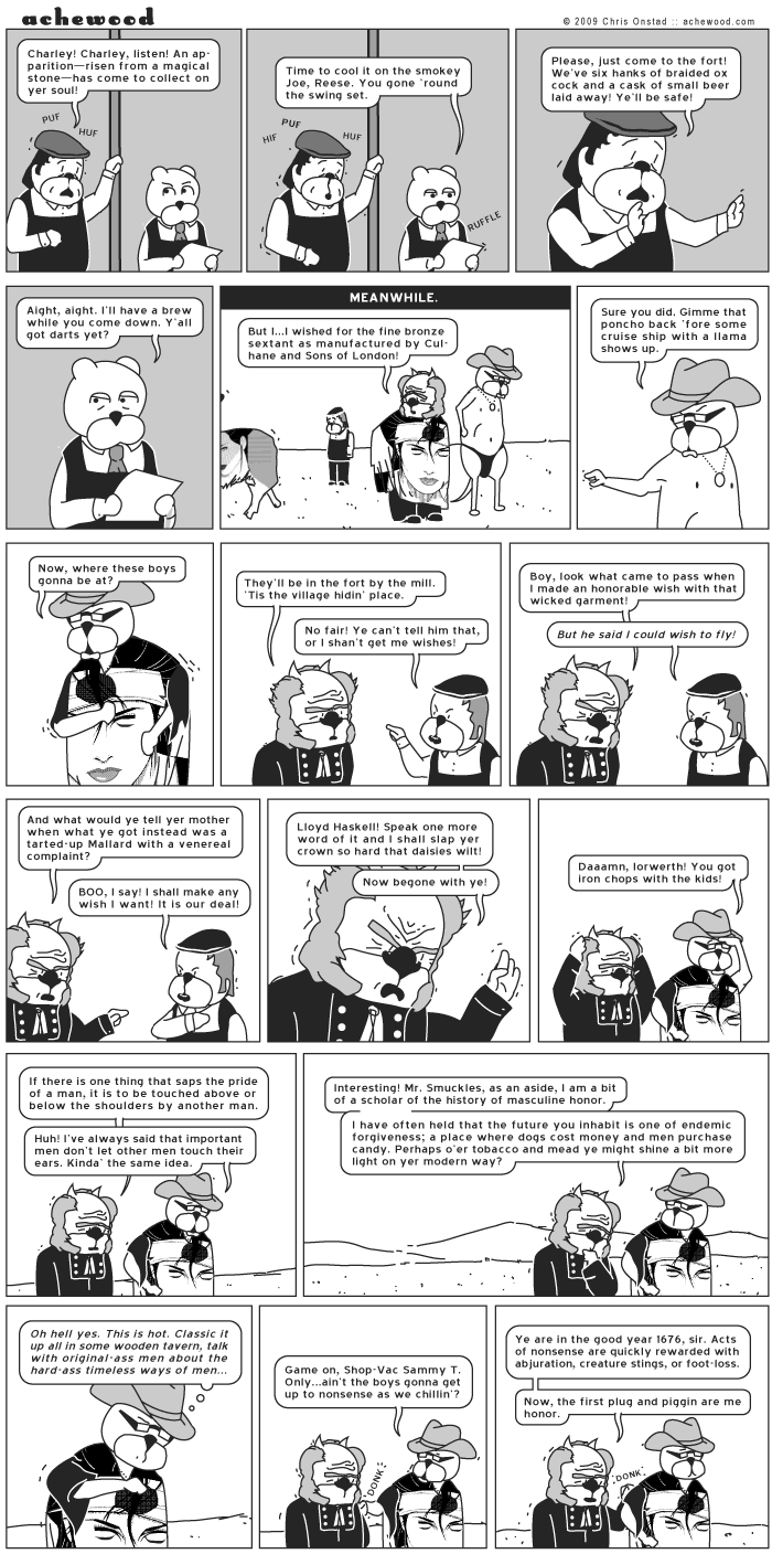 Lloyd Haskell then went off to flatter Mrs. Sanders into giving him far too much pie and whipped cream. comic
