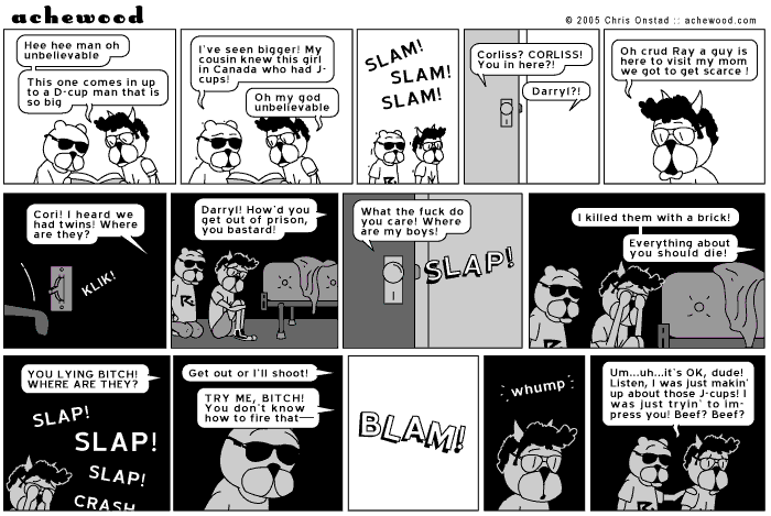 Like a dude who has just heard his dad get shot really cares if the J-cups were real or not comic