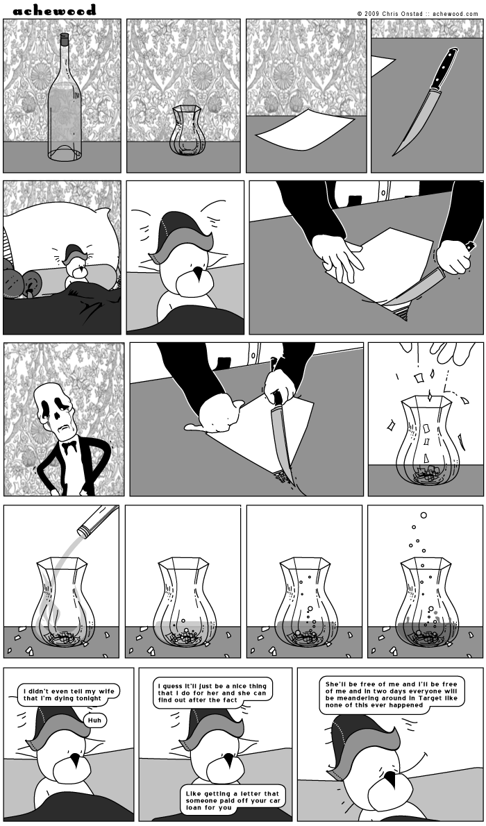 The dying cat compares his existence to a nagging car loan. comic