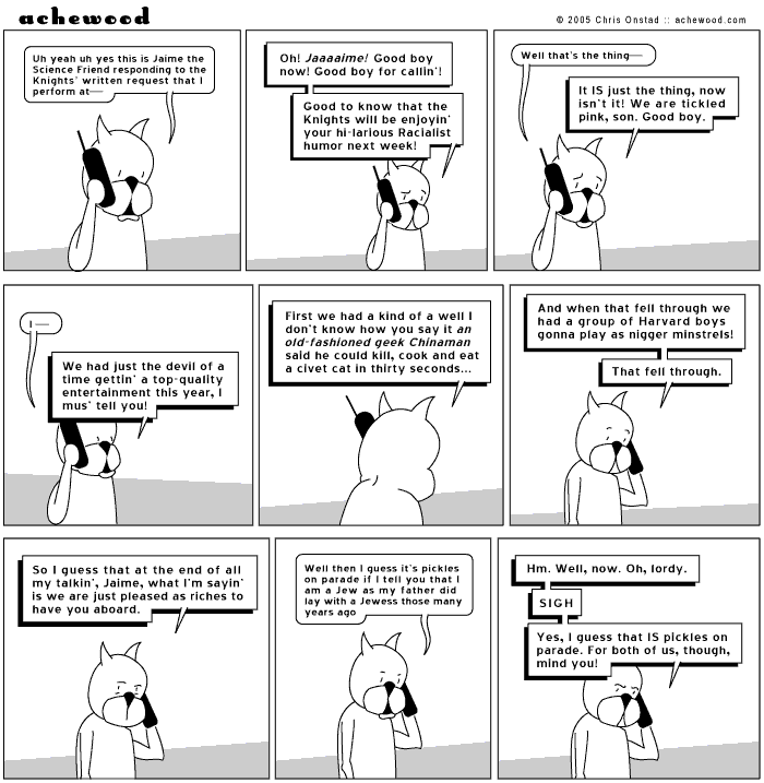 The man on the phone explains that Beef's purported heritage is ALSO pickles on parade. comic