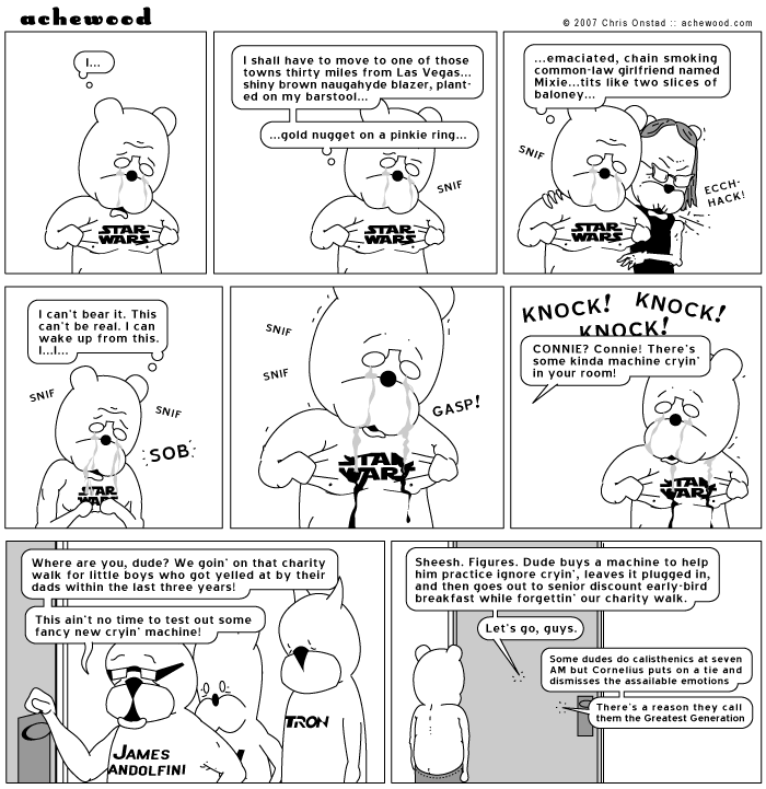 While drinking, the boys had apparently agreed to go on an unusual type of charity walk that Cornelius forgot about. comic
